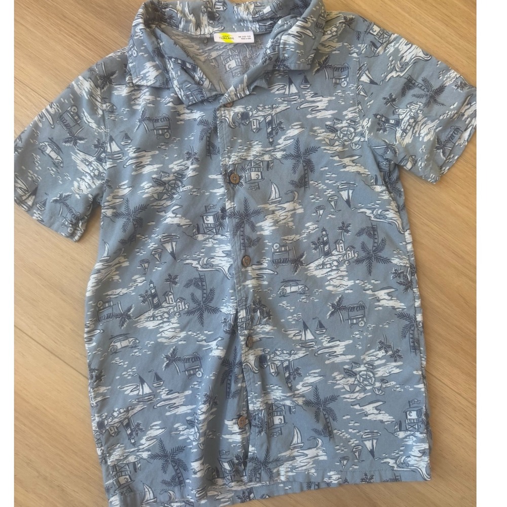 Epic Threads Boys Blue Beach Scene Print Button Down Shirt Size M 10-12 Summer